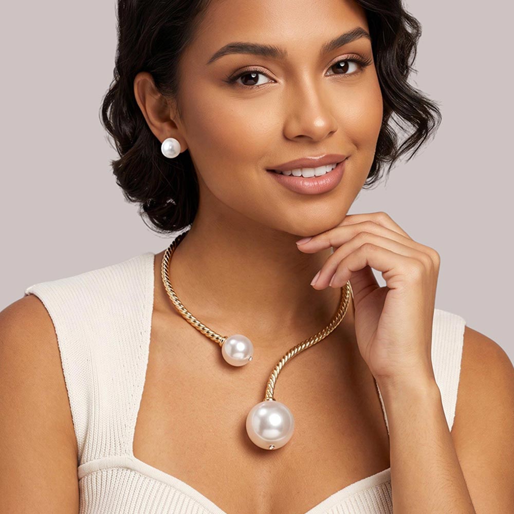 Chunky Pearl Textured Metal Collar Choker Necklace Set L2615