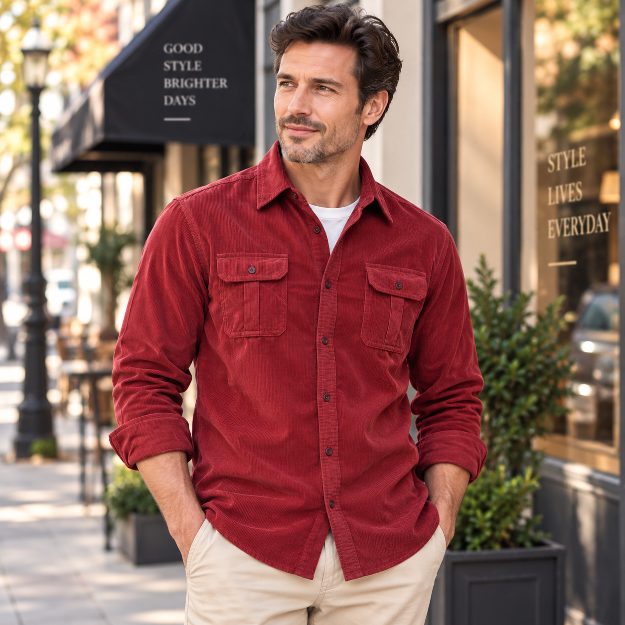 Men's Corduroy Shirts Long Sleeve Double Pockets Slim Fit LM001