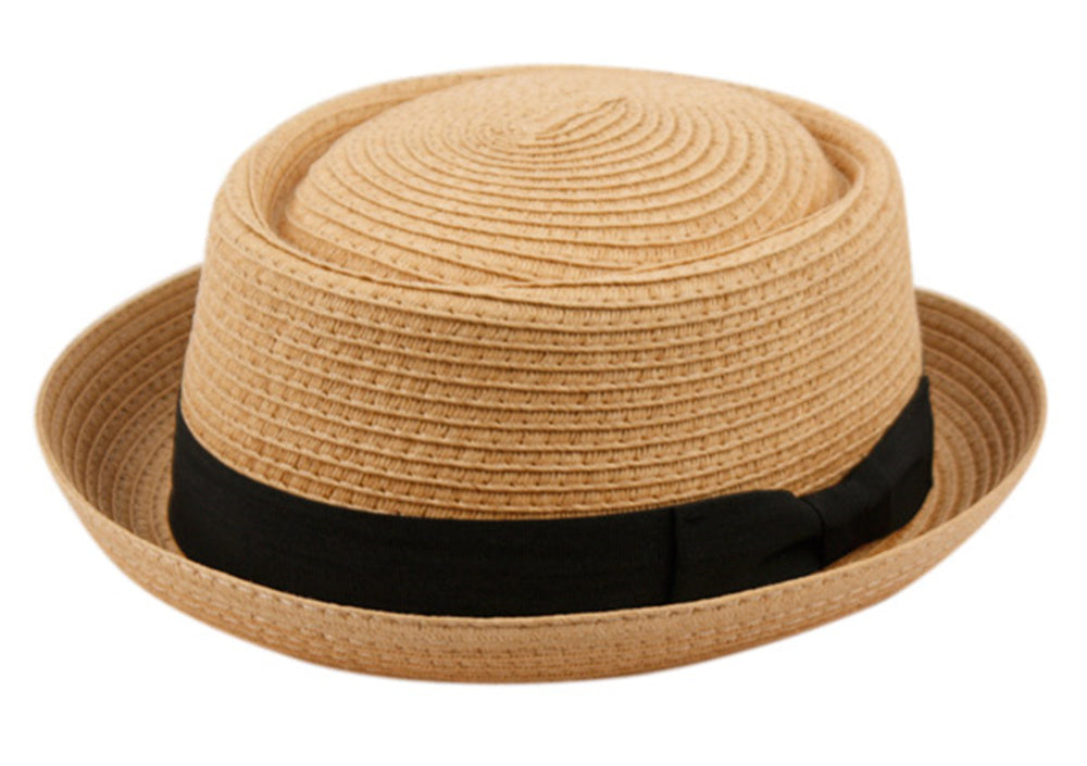 Spring Summer Men's Straw Porkpie Solid Color with Up Turn Short Brim