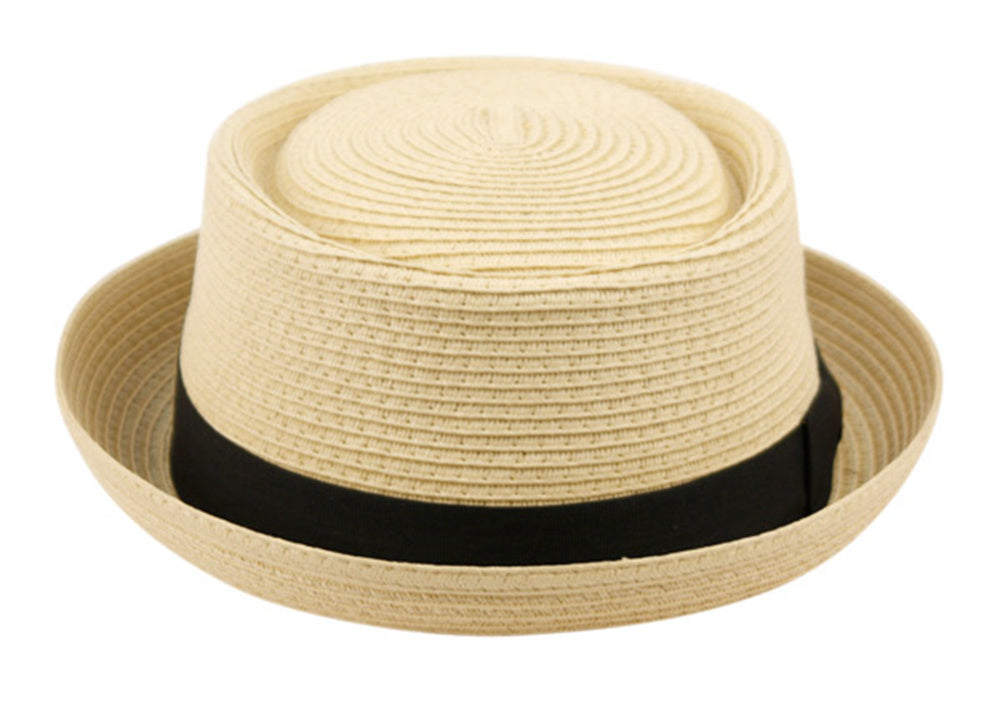 Spring Summer Men's Straw Porkpie Solid Color with Up Turn Short Brim