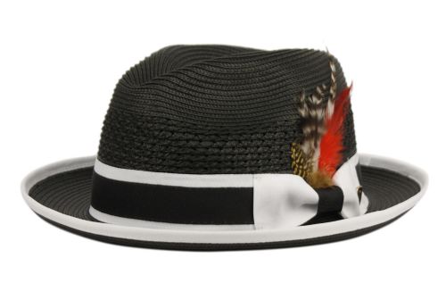 Poly Braid Fedora Men's Spring Summer Small Brim Up Turn Fedora with Feather Adjustable Drawstring L5051