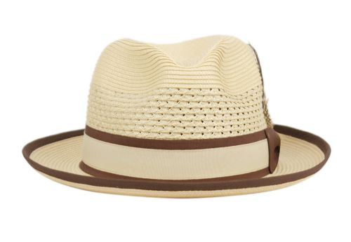 Poly Braid Fedora Men's Spring Summer Small Brim Up Turn Fedora with Feather Adjustable Drawstring L5051