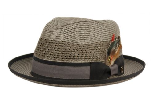 Poly Braid Fedora Men's Spring Summer Small Brim Up Turn Fedora with Feather Adjustable Drawstring L5051
