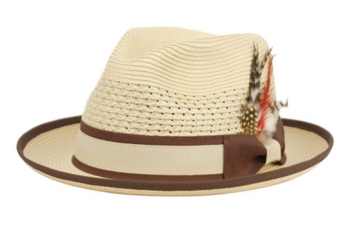 Poly Braid Fedora Men's Spring Summer Small Brim Up Turn Fedora with Feather Adjustable Drawstring L5051