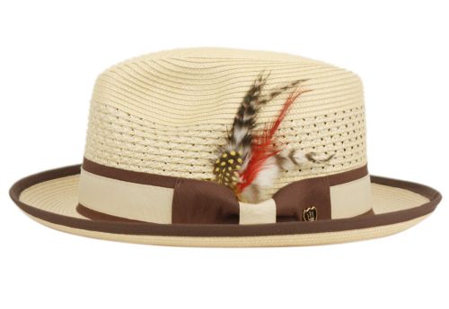 Poly Braid Fedora Men's Spring Summer Small Brim Up Turn Fedora with Feather Adjustable Drawstring L5051