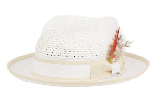 Poly Braid Fedora Men's Spring Summer Small Brim Up Turn Fedora with Feather Adjustable Drawstring L5051