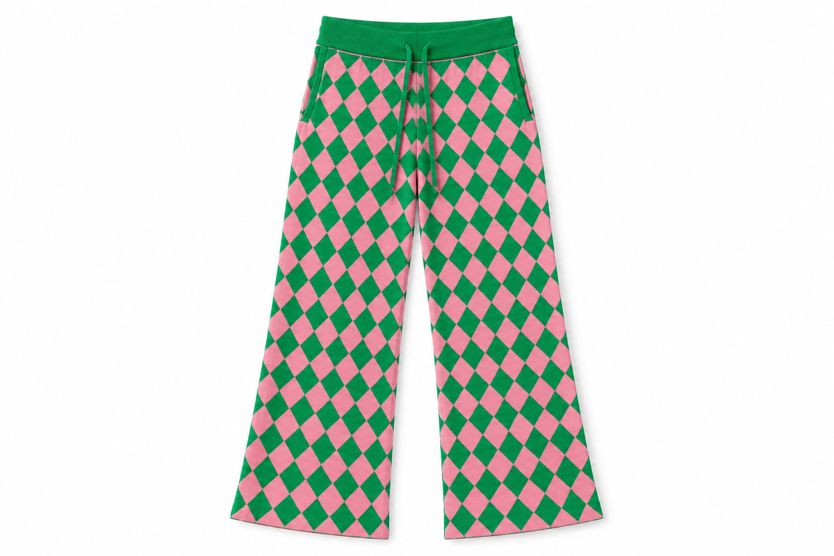 Women's Pink/Green Argyle Relaxed Wide-Leg Knit Pants