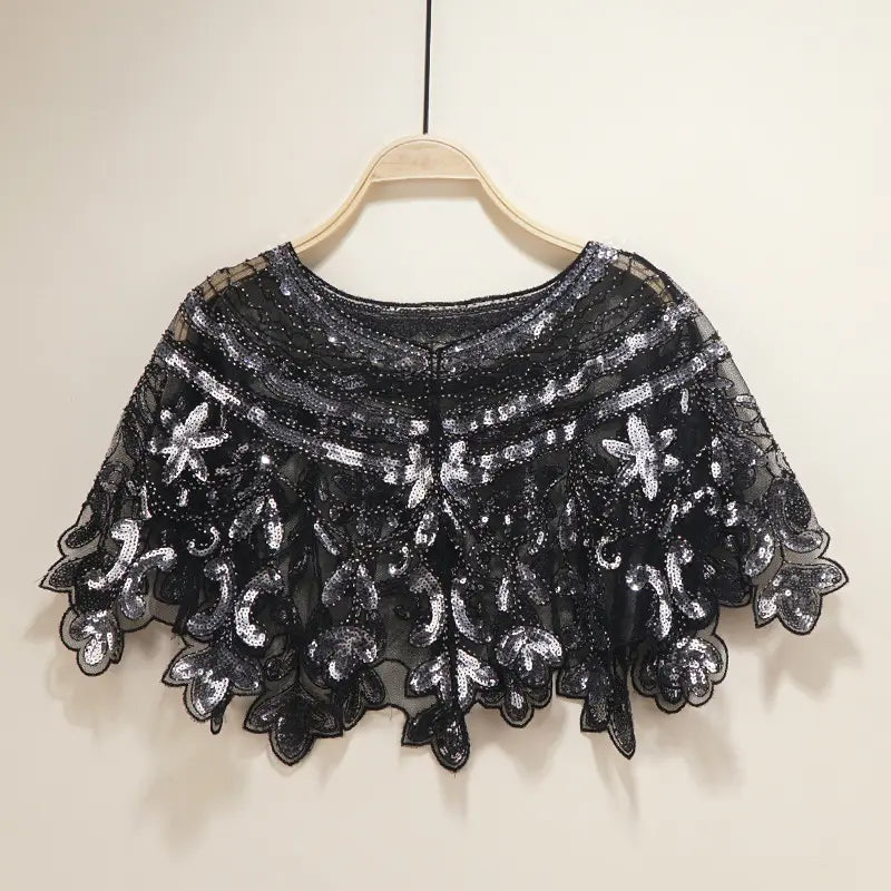 Sequin Bow Pointed Leaf Beaded Retro Style Sheer Shawl Cape Poncho
