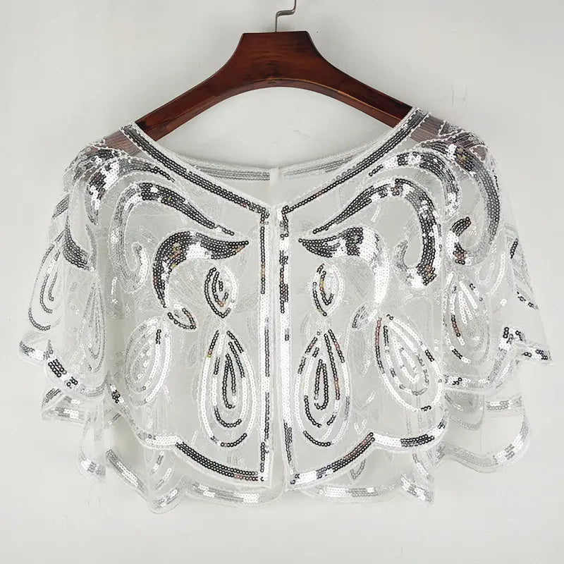 Sequin Bow Pointed Leaf Beaded Retro Style Sheer Shawl Cape Poncho