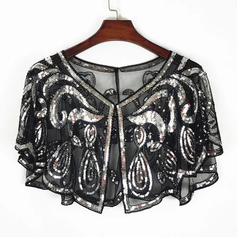 Sequin Bow Pointed Leaf Beaded Retro Style Sheer Shawl Cape Poncho