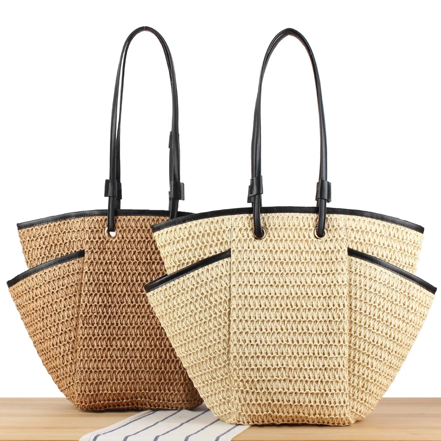 Women's Woven Basket Straw Beach Bag with 3 Pocket