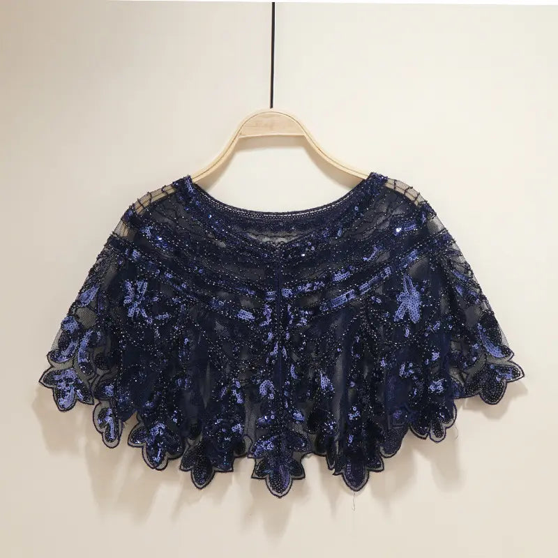 Sequin Bow Pointed Leaf Beaded Retro Style Sheer Shawl Cape Poncho