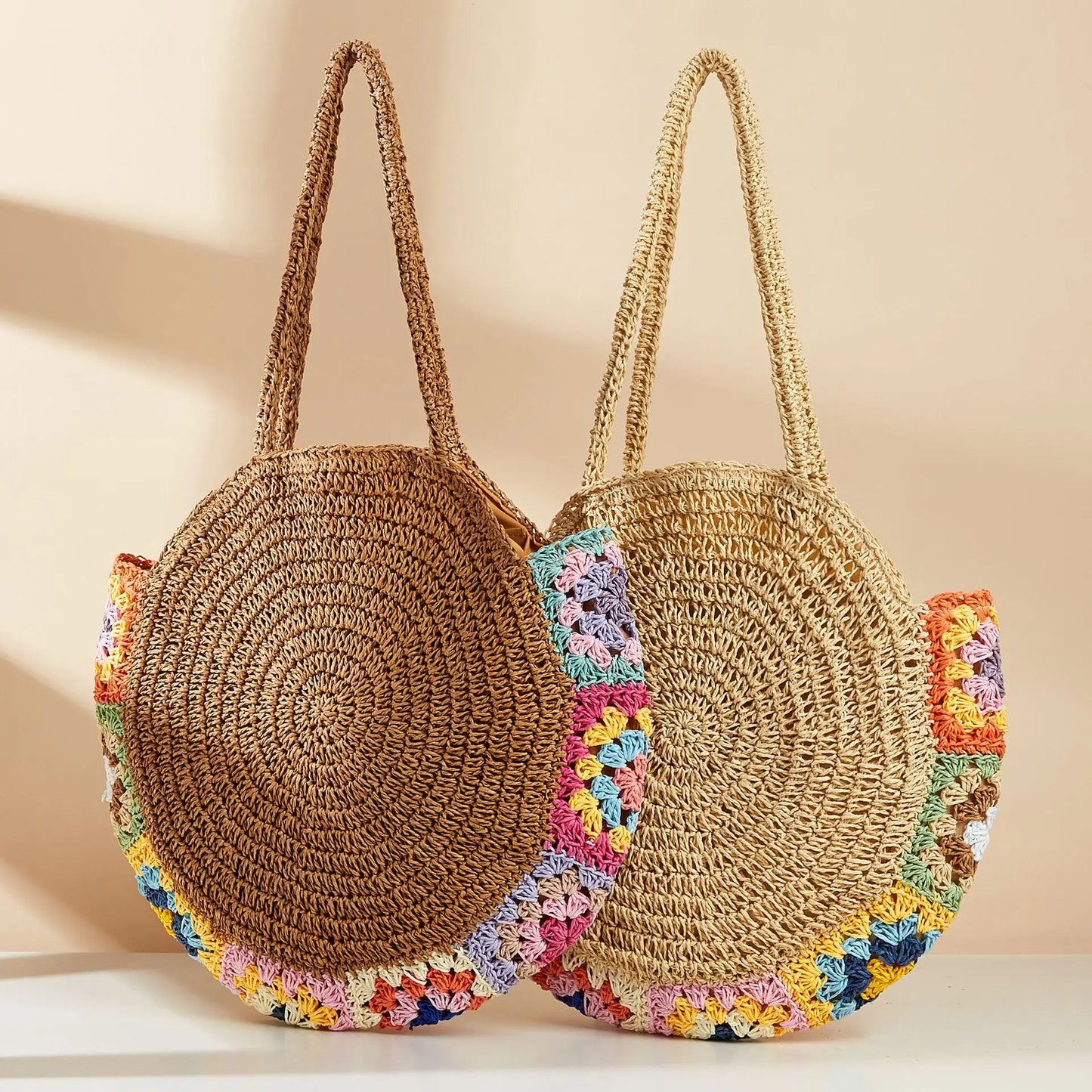 Fashion Women's Simple Round Shoulder Straw Hollow Handmade Weaving Beach Bag