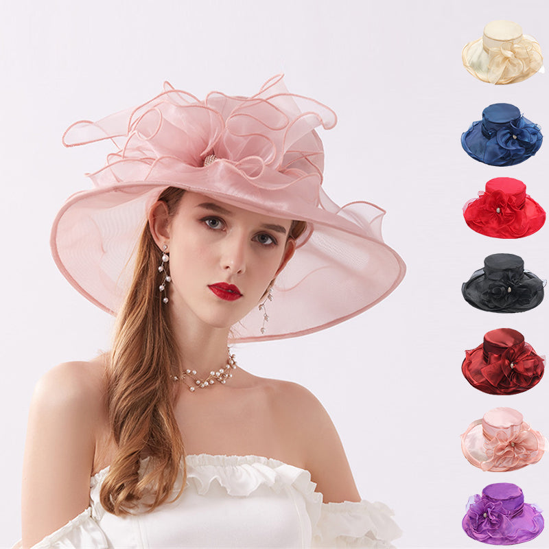 Wide Brim Women's LightWeight See Through Fabric Classic Flower Church Hat