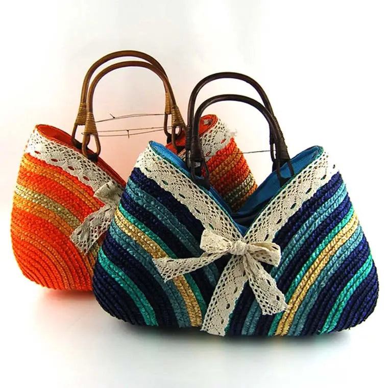 Women's Lace Edge Rattan Colorful Striped Straw Tote Beach Bag with Zipper Closesure