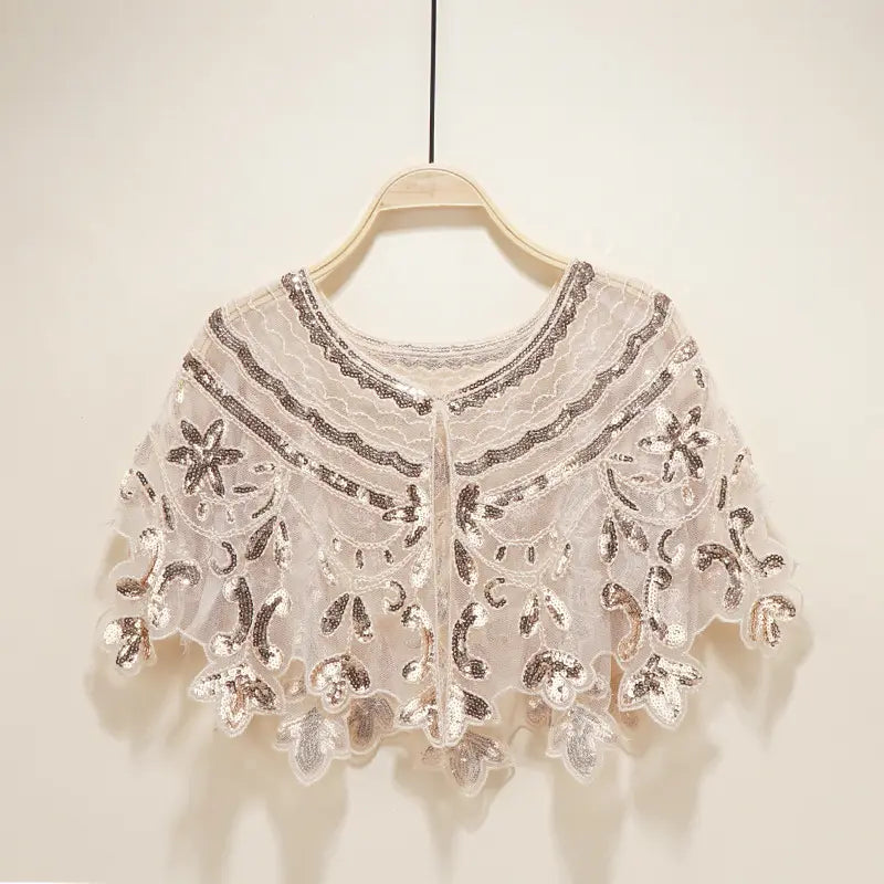 Sequin Bow Pointed Leaf Beaded Retro Style Sheer Shawl Cape Poncho