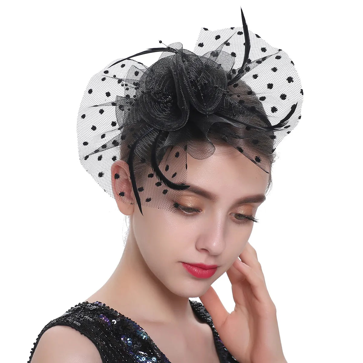Women's Simple Polka Dot Small Fascinator Cute Bow Feather 65099