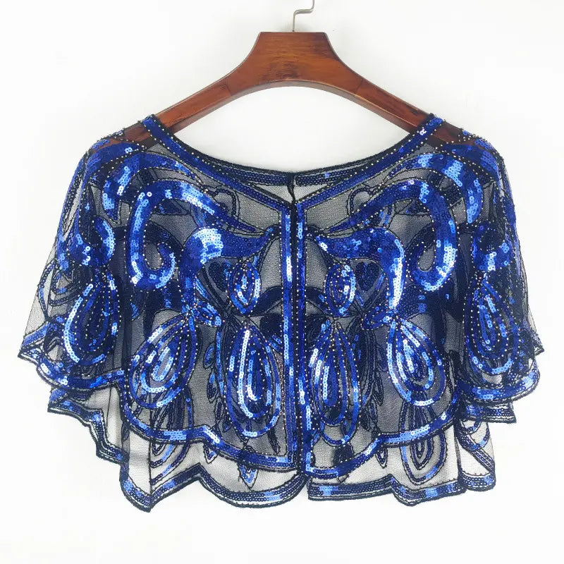 Sequin Bow Pointed Leaf Beaded Retro Style Sheer Shawl Cape Poncho