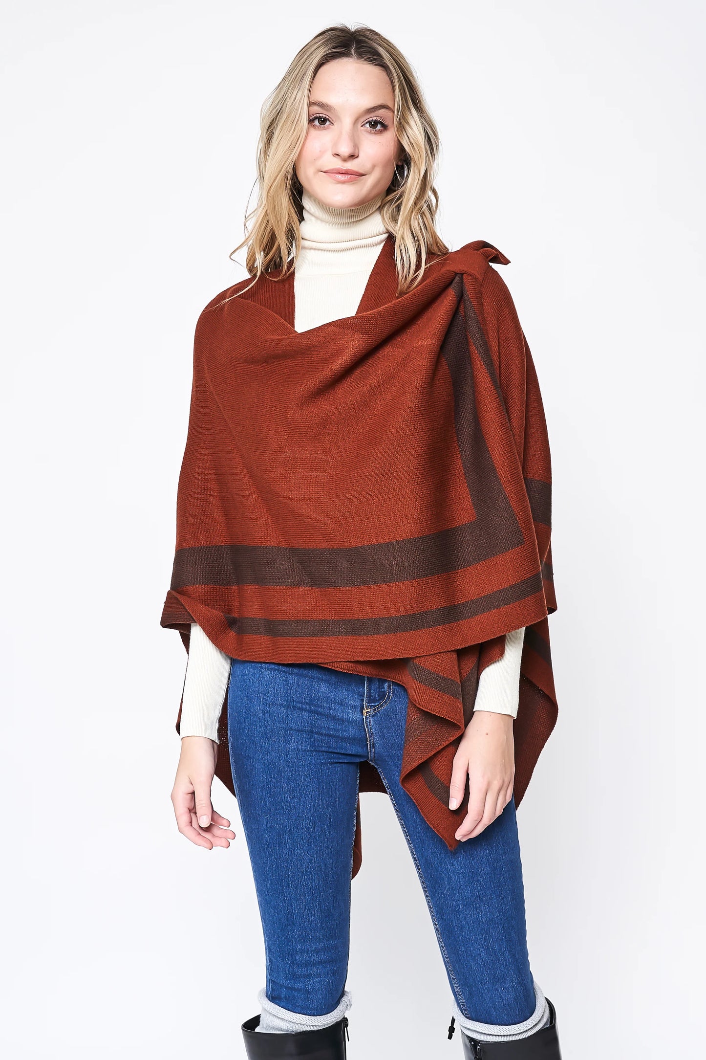 Bordered Color Block Ruana Poncho Wraps with Shoulder Strap