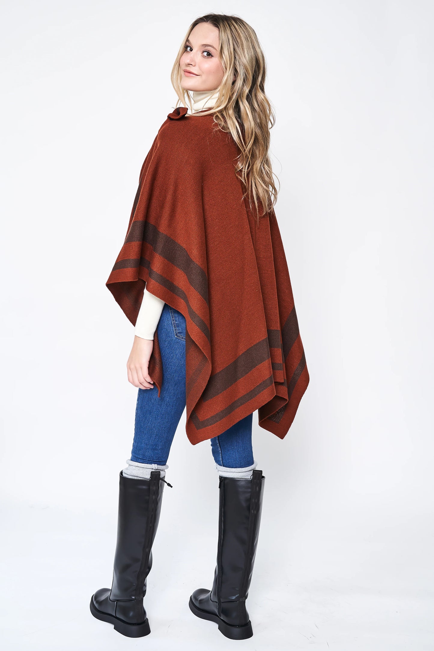 Bordered Color Block Ruana Poncho Wraps with Shoulder Strap