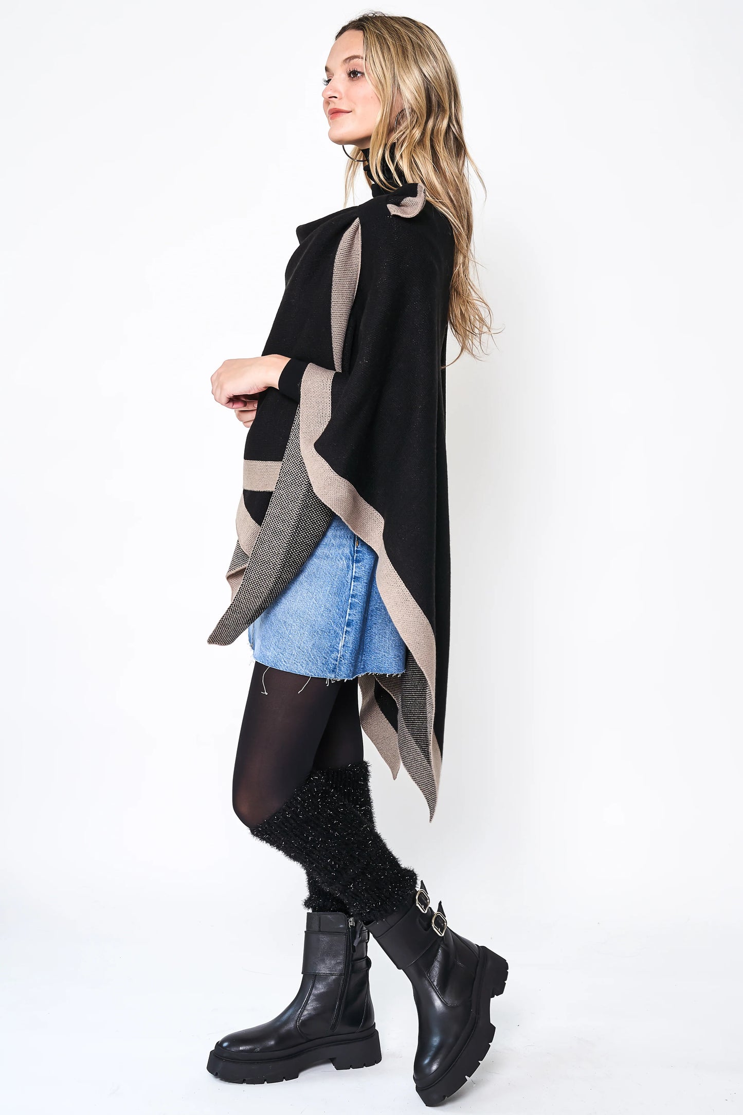 Bordered Color Block Ruana Poncho Wraps with Shoulder Strap