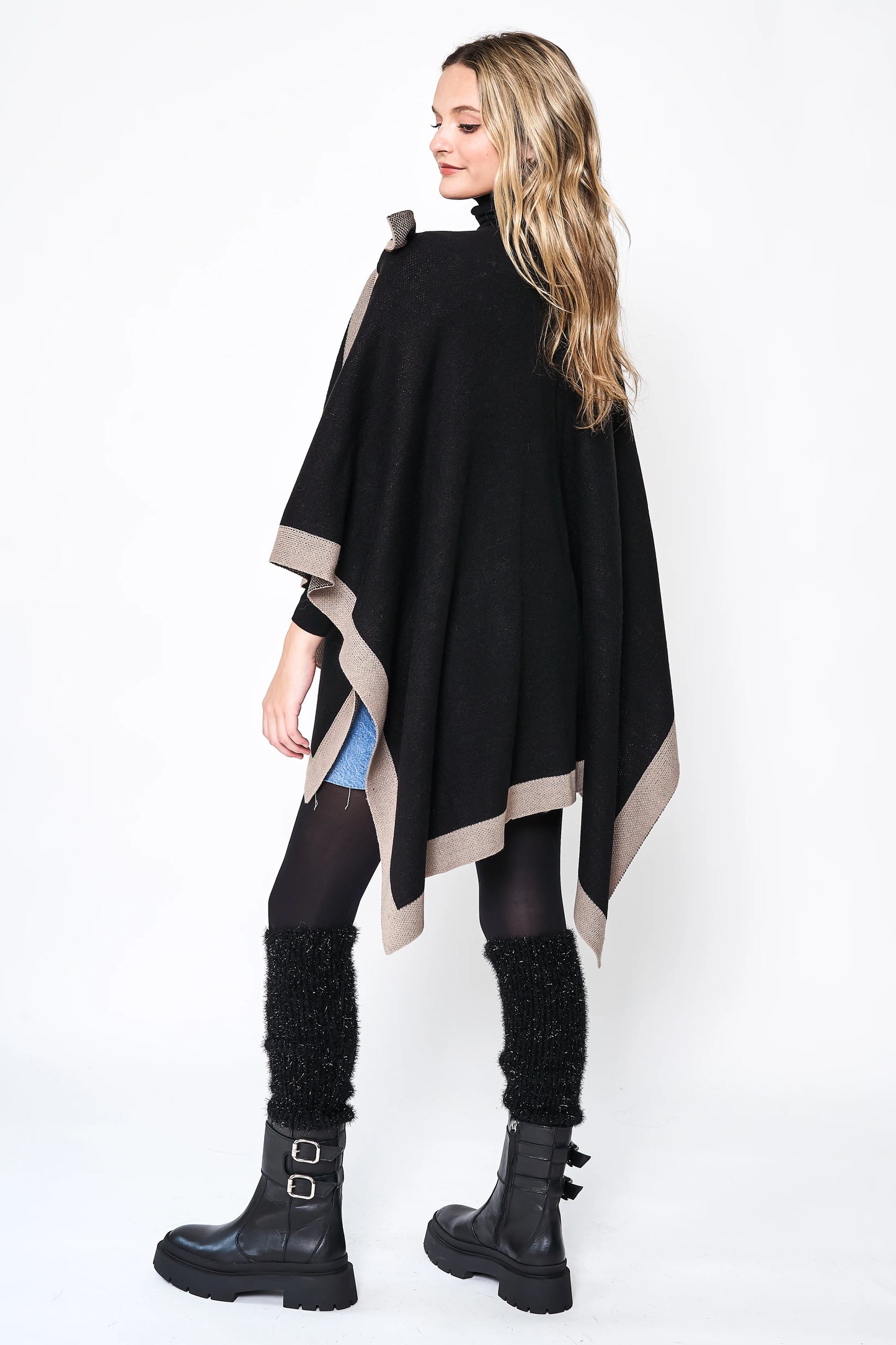 Bordered Color Block Ruana Poncho Wraps with Shoulder Strap
