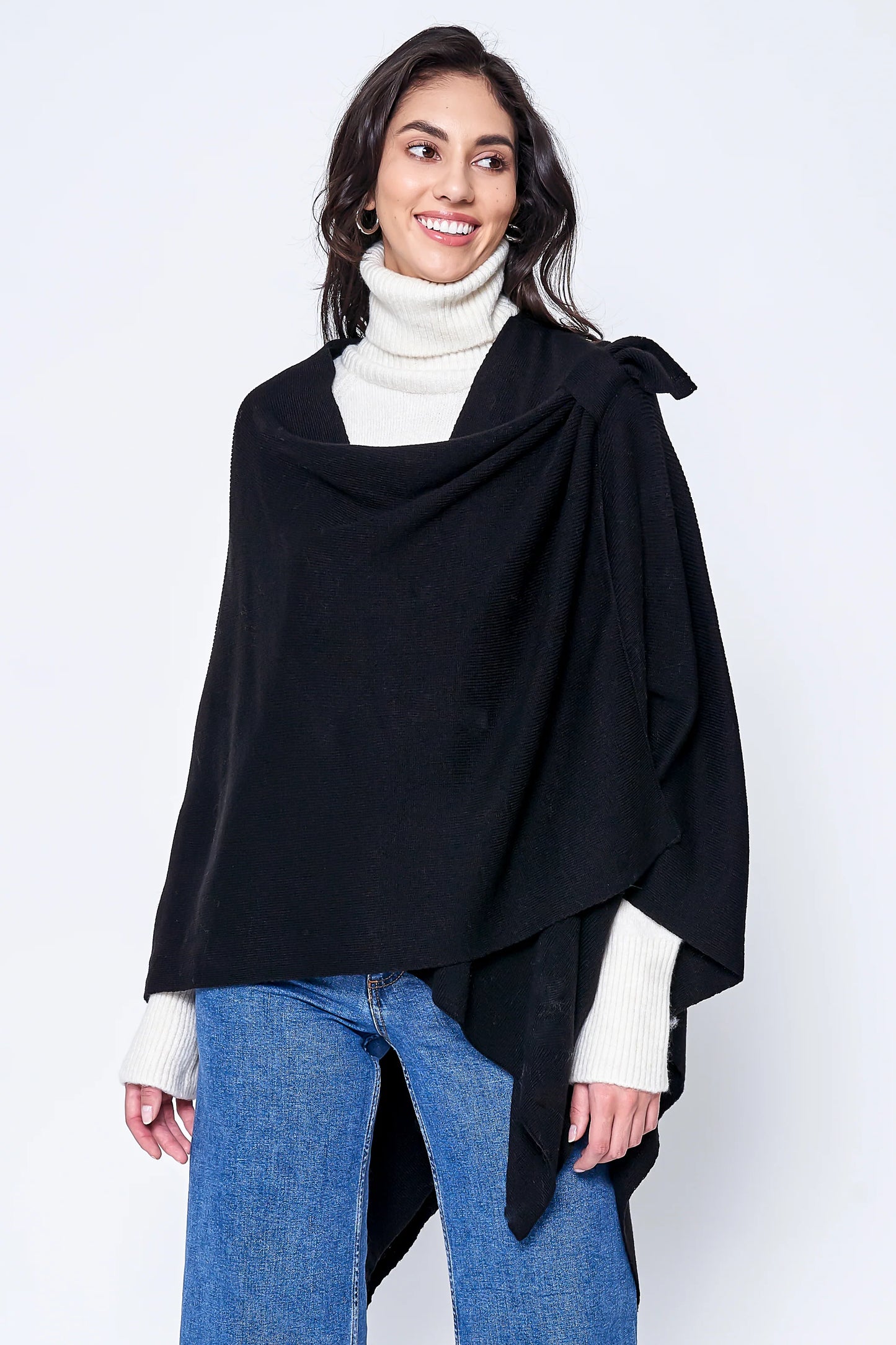 Women's Solid Color Knitted Ruana Poncho Wraps with Shoulder Strap