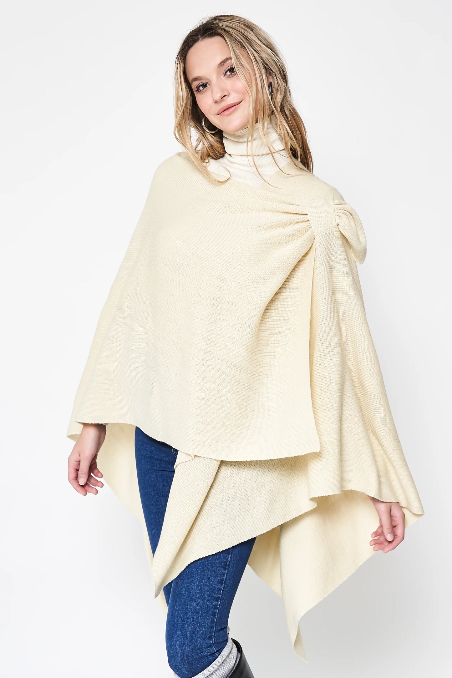 Women's Solid Color Knitted Ruana Poncho Wraps with Shoulder Strap