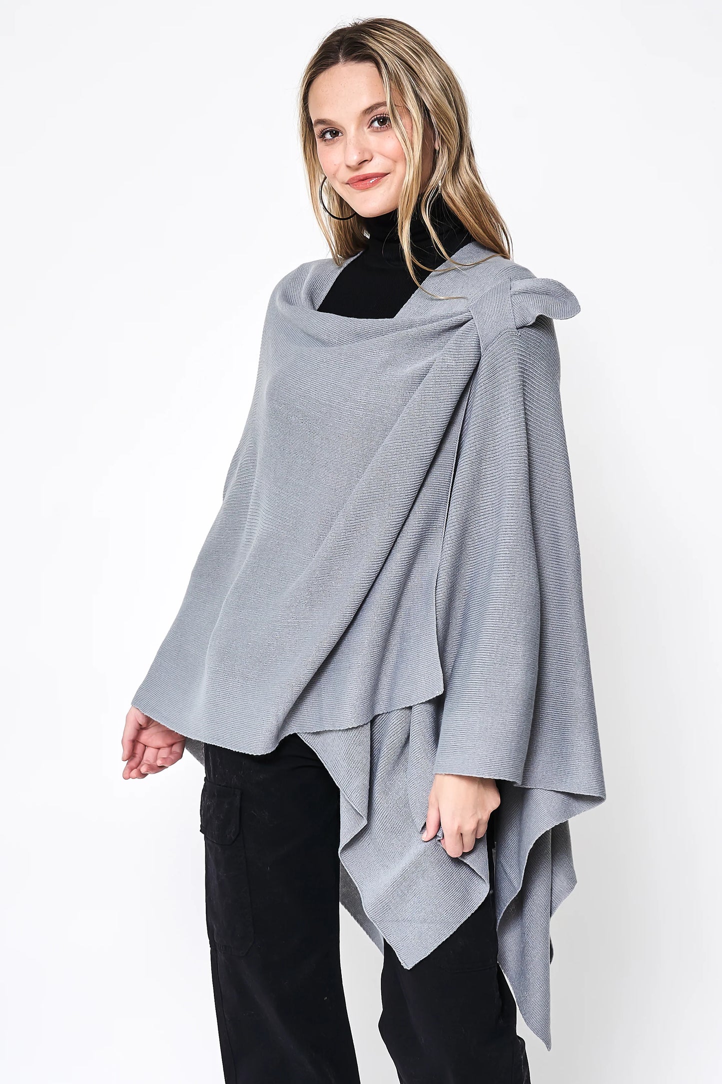 Women's Solid Color Knitted Ruana Poncho Wraps with Shoulder Strap
