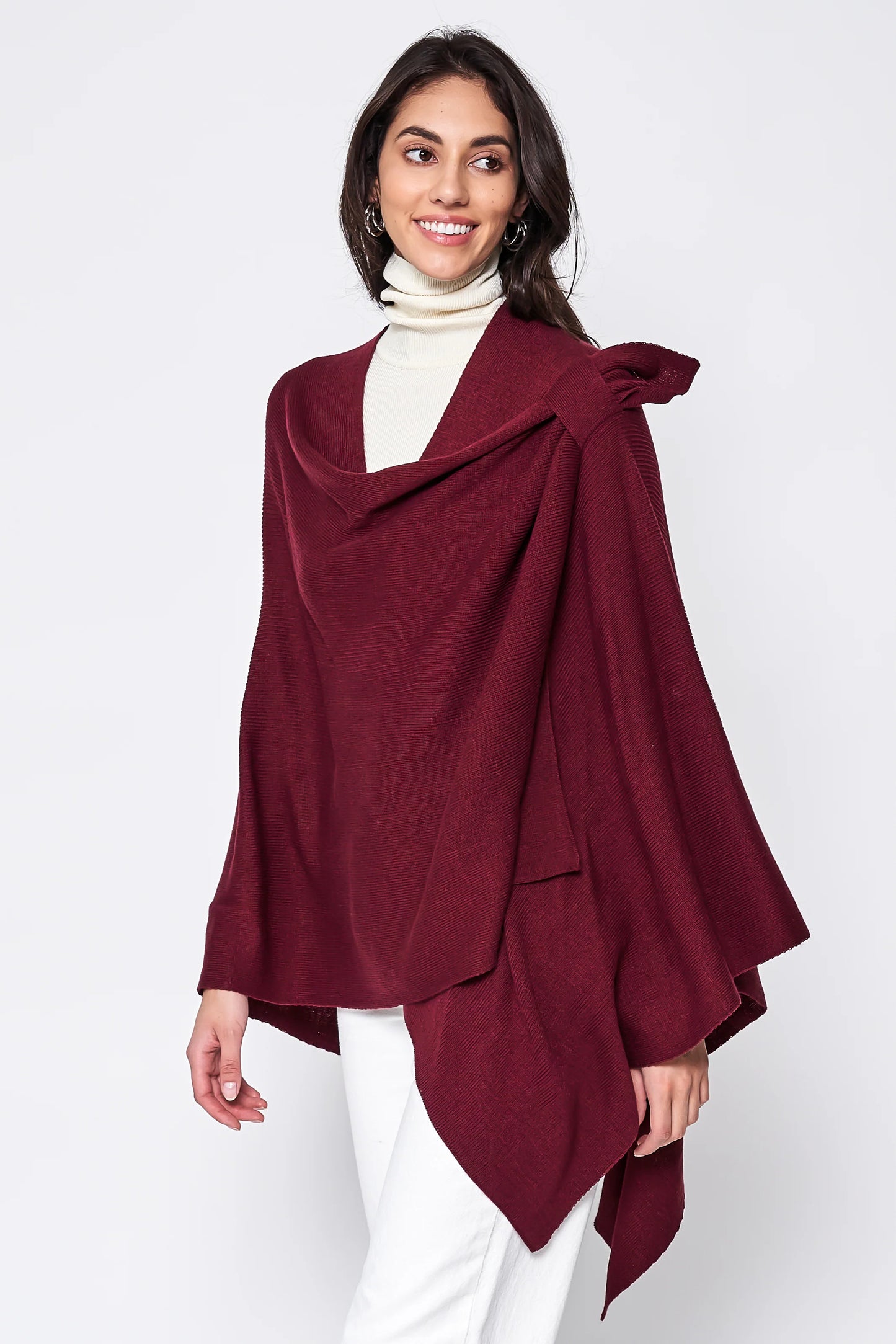 Women's Solid Color Knitted Ruana Poncho Wraps with Shoulder Strap