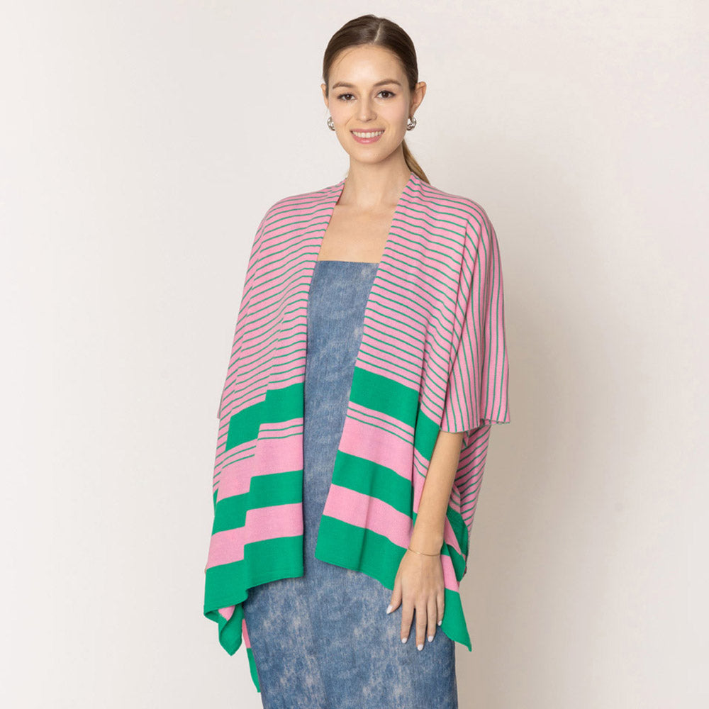 Light Weight Women's Poncho Shawl Knitted Wrap Pink/Green Poncho