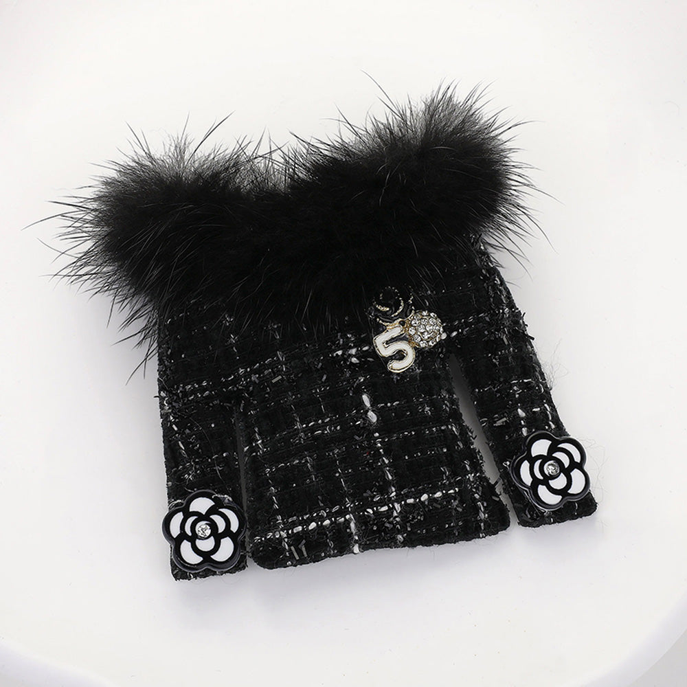 Black White Plaid Brooch with Faux Fur Tweed Jacket