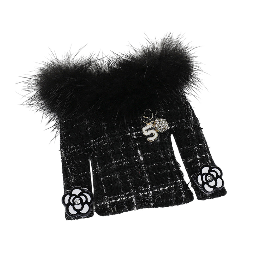 Black White Plaid Brooch with Faux Fur Tweed Jacket
