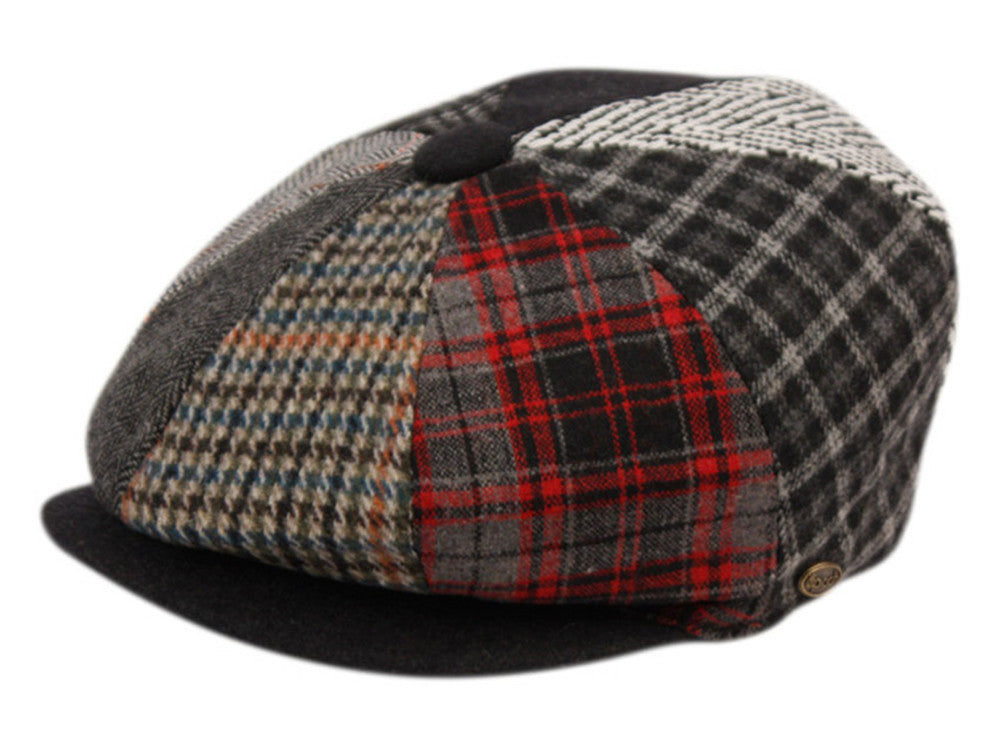 Wool Blend Patch Work Newsboy Cap With Quilted Satin Lining front snap button