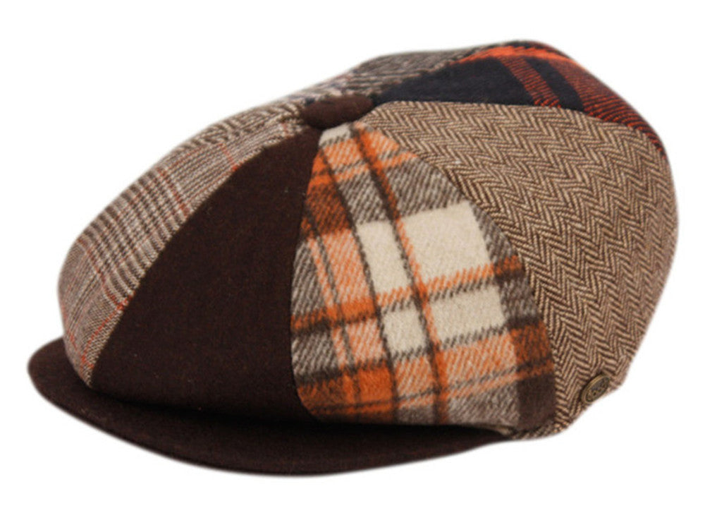 Wool Blend Patch Work Newsboy Cap With Quilted Satin Lining front snap button