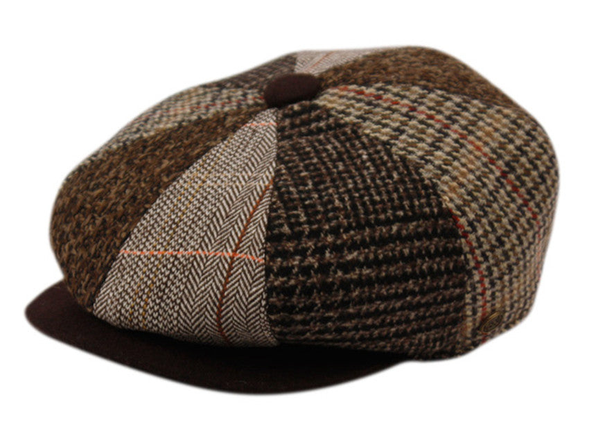 Wool Blend Patch Work Newsboy Cap With Quilted Satin Lining front snap button