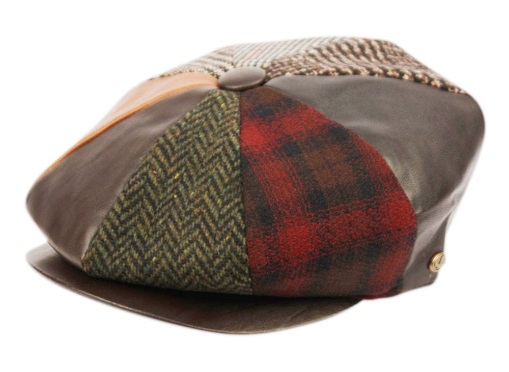 Wool Blend Patch Work Newsboy Cap With Quilted Satin Lining front snap button
