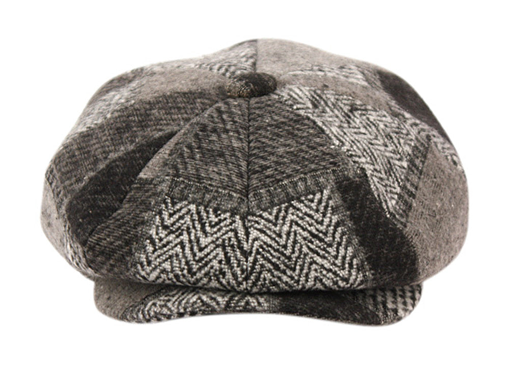 Wool Blend Patch Work Newsboy Cap With Quilted Satin Lining front snap button