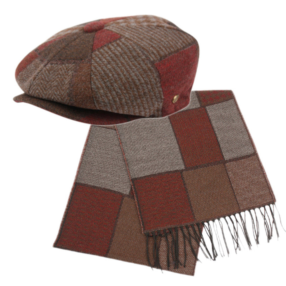 Wool Blend Patch Work Newsboy Cap With Quilted Satin Lining front snap button