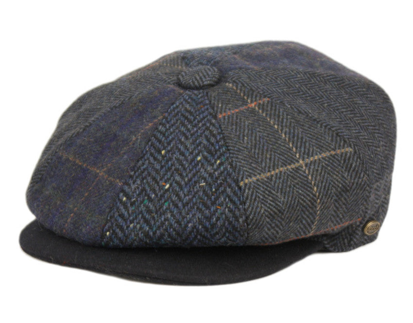 Wool Blend Patch Work Newsboy Cap With Quilted Satin Lining front snap button