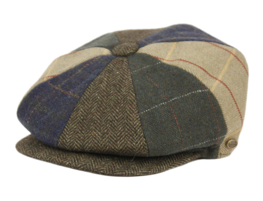 Wool Blend Patch Work Newsboy Cap With Quilted Satin Lining front snap button