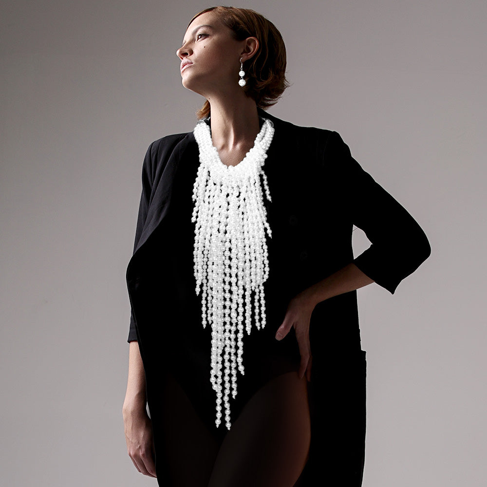 Women's Pearl Strand Fringe Bib Necklace