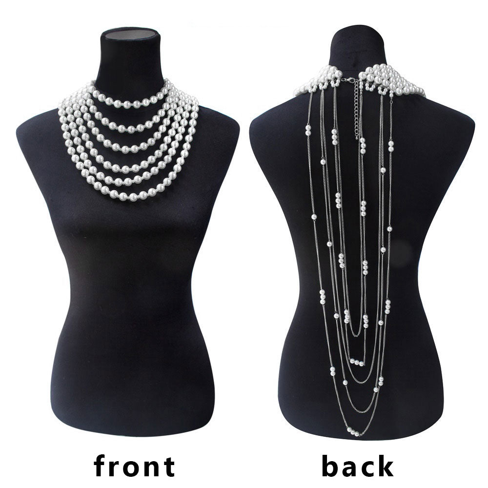 Women's Draped Multi-Layer Pearl Strand Bib Necklace Two Ways of Wearing L034
