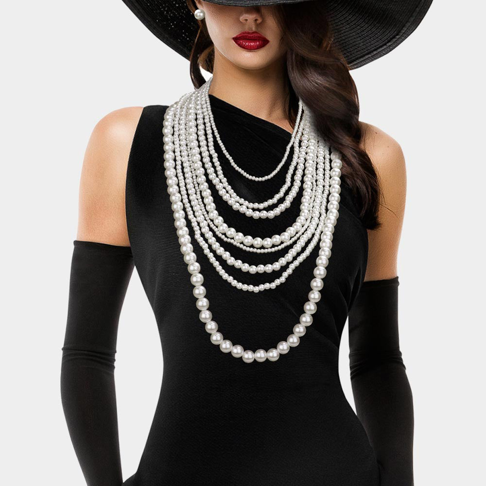 Pearl Beaded Multi Layered Strand Statement Necklace 19''