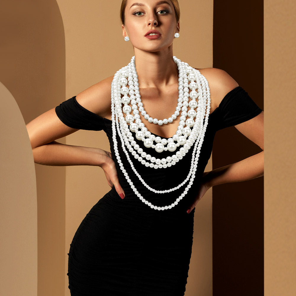 Women's Multi Sized Pearl Beaded Layered Strand Statement Necklace with Earring L11179