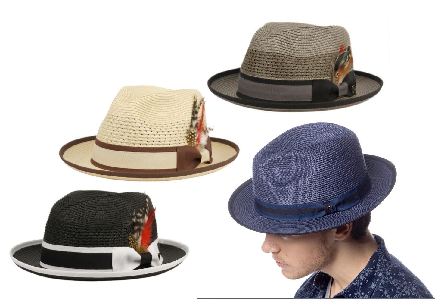 Poly Braid Fedora Men's Spring Summer Small Brim Up Turn Fedora with Feather Adjustable Drawstring L5051