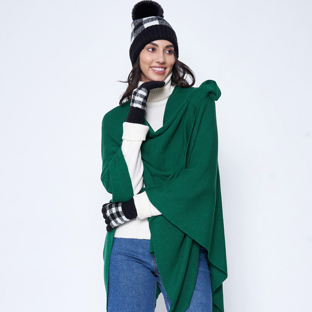 Women's Solid Color Knitted Ruana Poncho Wraps with Shoulder Strap