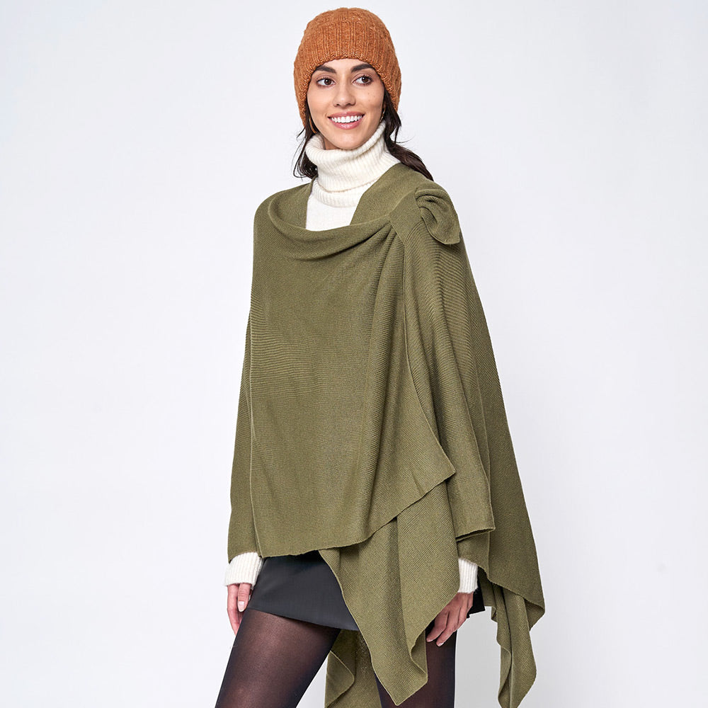 Women's Solid Color Knitted Ruana Poncho Wraps with Shoulder Strap