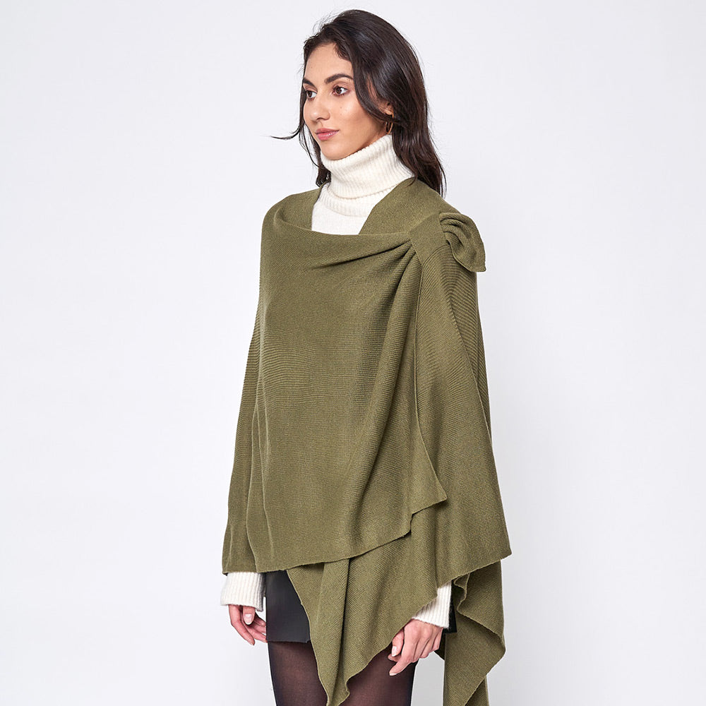 Women's Solid Color Knitted Ruana Poncho Wraps with Shoulder Strap