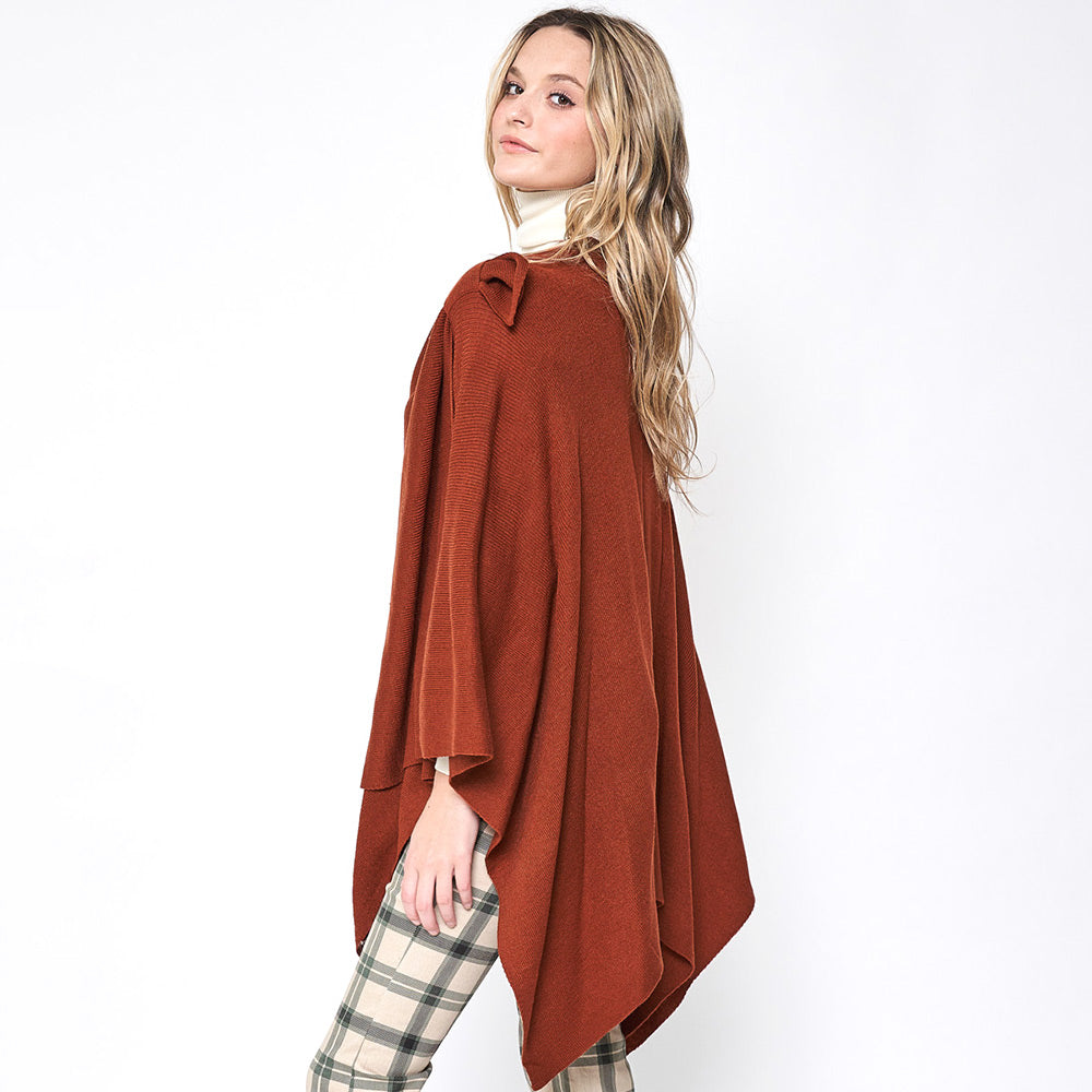 Women's Solid Color Knitted Ruana Poncho Wraps with Shoulder Strap